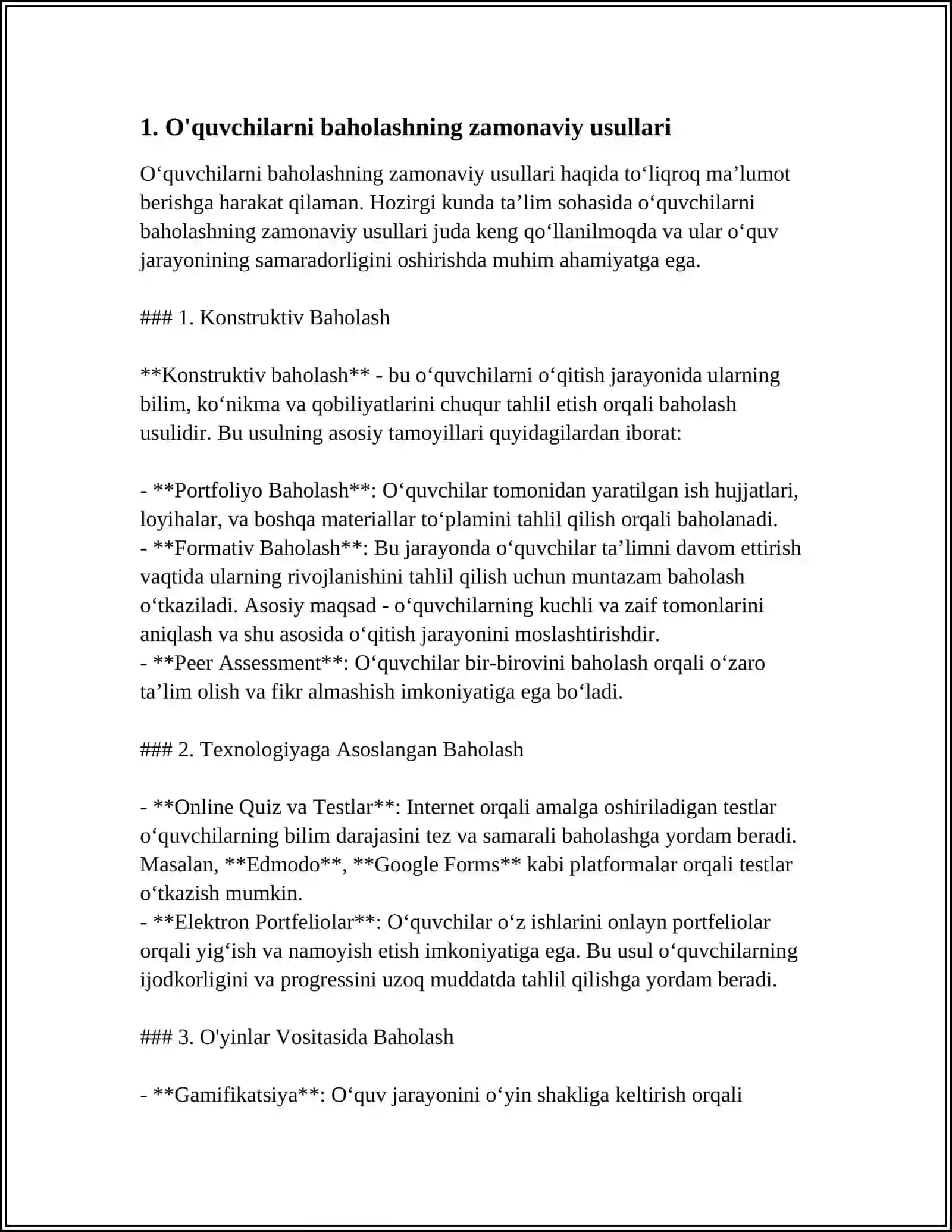 UMUM TALIM MAKTABLARDA TARBIYA FANINING O'QITISH JARAYONIDA O'QUV BILIM KO'NKMALARI VA MALAKALARINI BAXOLASHGA OID VAZIYAT YARATISH VA VAZIYATLARGA SHAXSIY BAXO BERISH 4