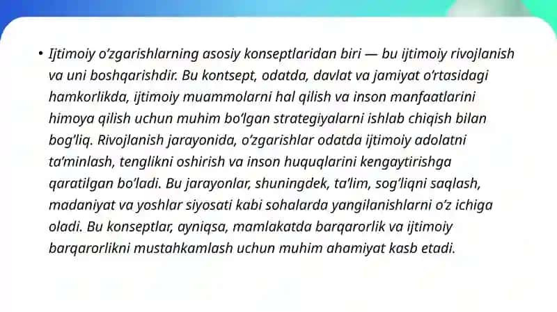 O’ZBEKISTONDA IJTIMOIY SOHADA AMALGA OSHIRILAYOTGAN O’ZGARISHLAR MAZMUN VA MOHIYATI 4