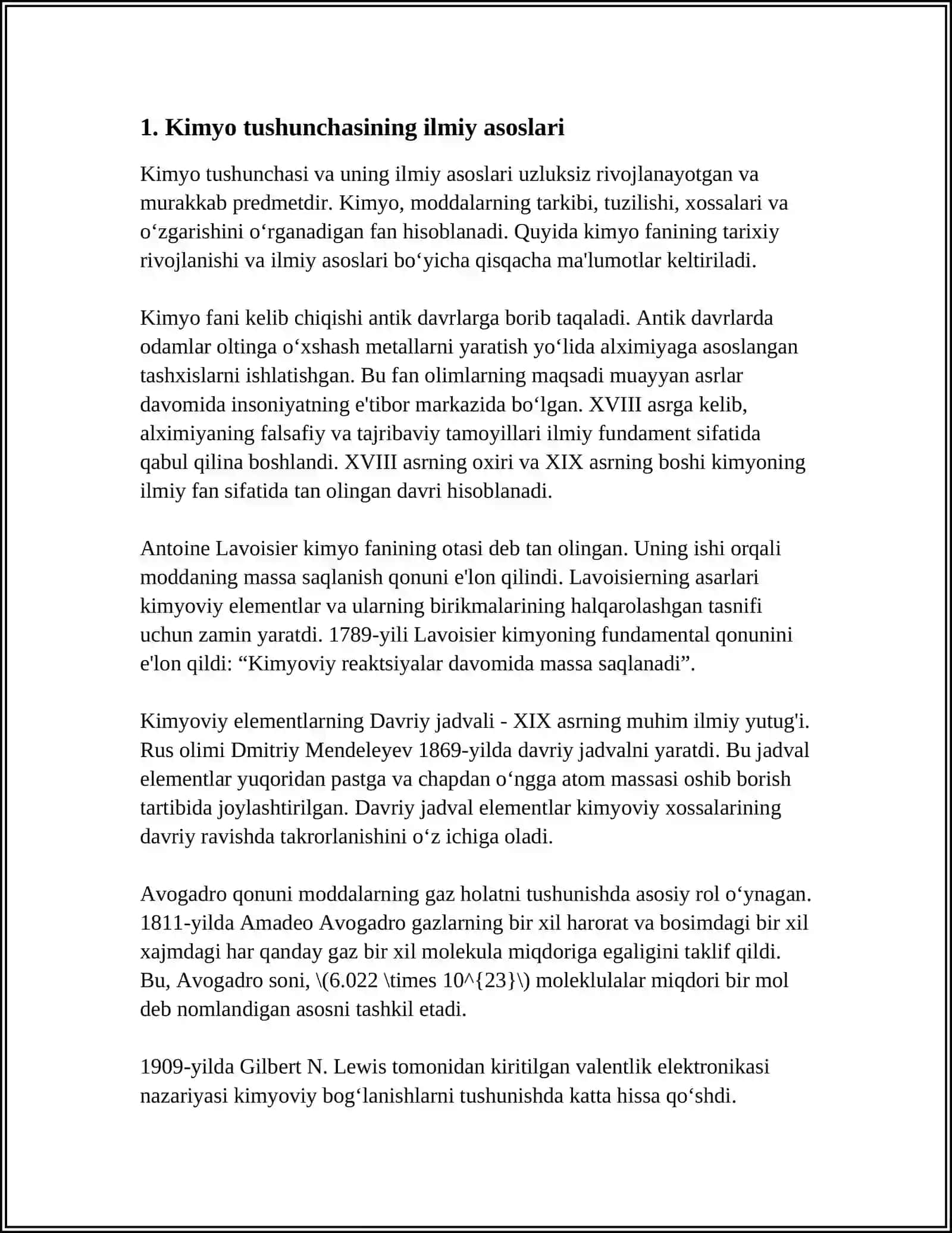 KIMYO TUSHUNCHASI.TARIXIY YONDASHUV VA KIMYONING ZAMONAVIY RIVOJI,MATERIYA VA HARAKAT.MATERIYA VA HARAKAT BOG'LIQLIGI,MODDA VA ULARNING TURLI XOLATLARGA AYLANISHI 4