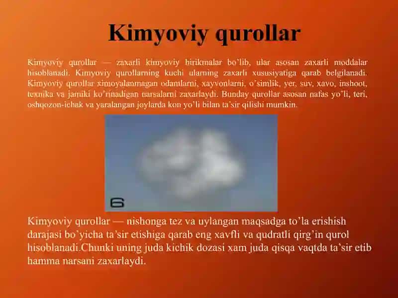 Kimyoviy qurol. Zaxarli moddalarning tasnifi. Kimyoviy vaziyatni baholash 4