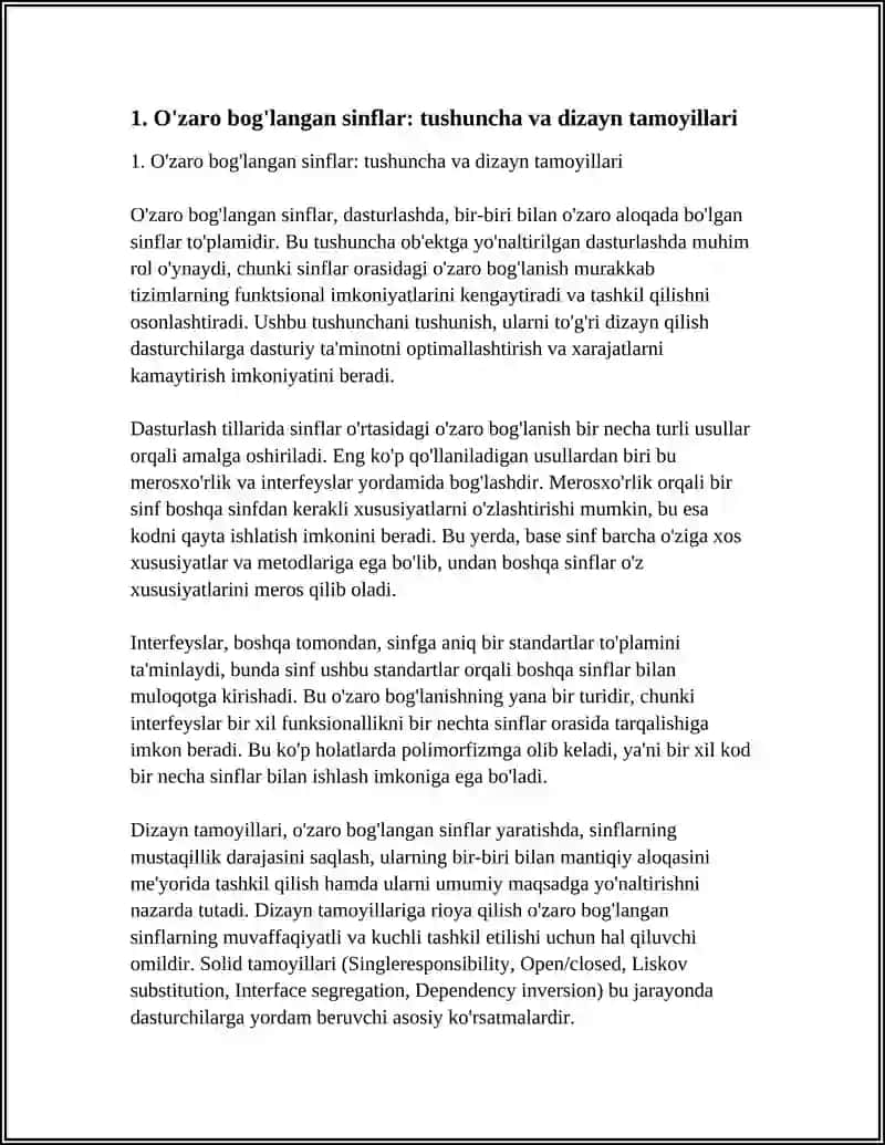 ÕZARO BOĞLANGAN SINFLARNI TASHKIL ETISH. ABSTRAKT SINFLAR TASHKIL ETISH VA ULARDAN FOYDALANISH USULLARI.KONSTRUKTORLAR VA ULARNI TASHKIL ETISH USULLARI. FAYLLAR BILAN ISHLASHNING YANGI USULLARI(I/O TEXNOLOGIYASI) 4