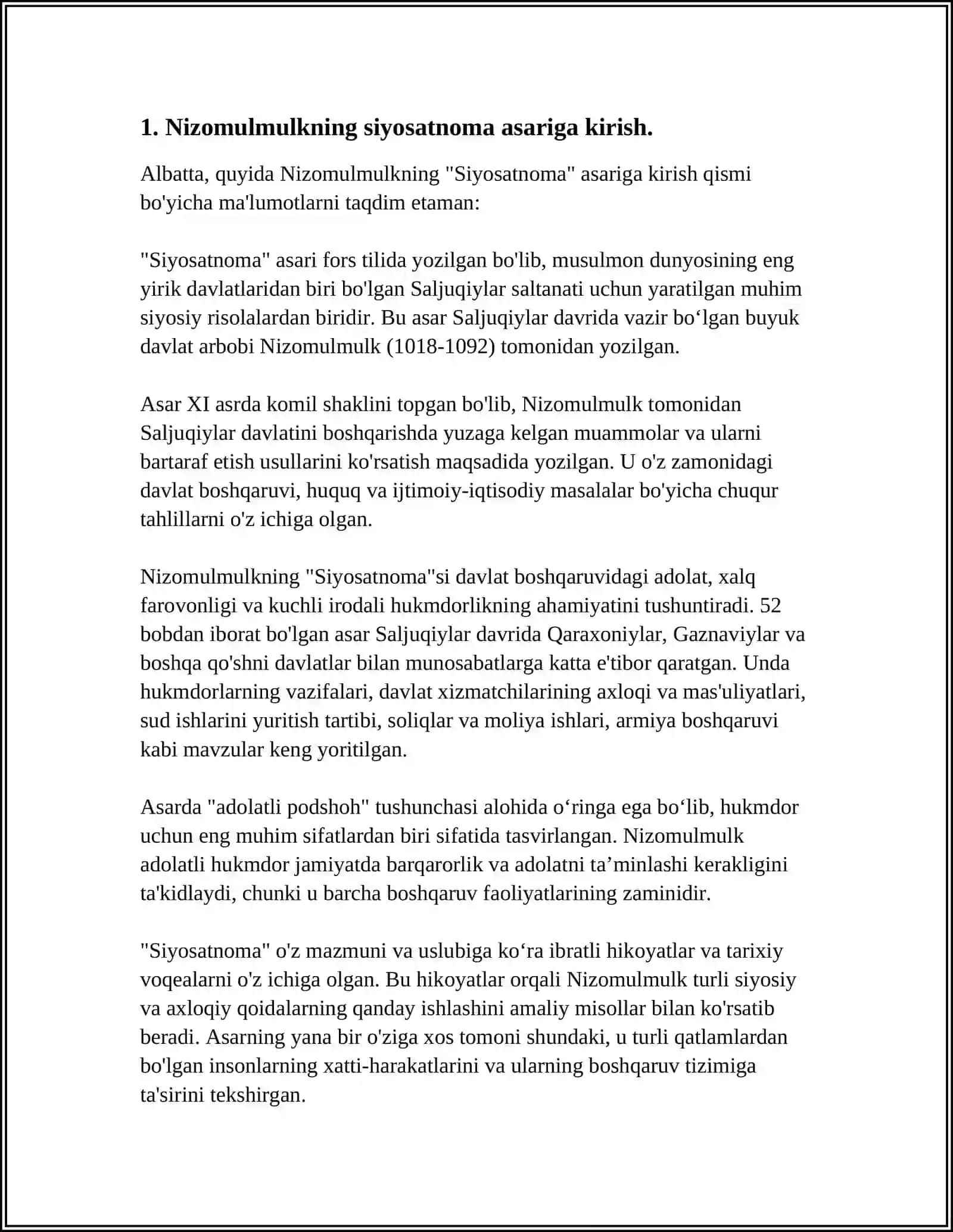 Nizomulmulkning siyosatnoma asari boyicha jamiyat boshqaruviga oid goyalarni tahlil etish va esse tayyorlash 4