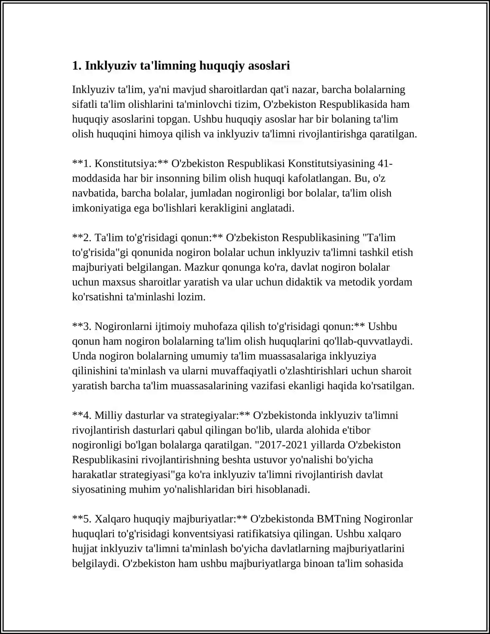 ALOHIDA TAʼLIMGA EHTIYOJLARI BOR BOʻLGAN HAR BIR BOLANING INKLYUZIV TAʼLIM OLISH HUQUQINI TAʼMINLASHGA QARATILGAN CHORA-TADBIRLARNI AMALGA OSHIRISH 4