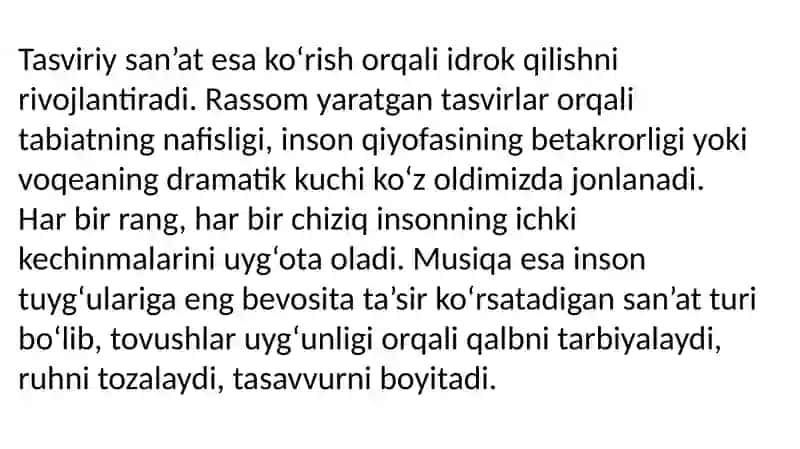Dunyoni estetik idrok etishda badiiy asarlarning ahamiyati” mavzusida esse tayѐrlash. 4