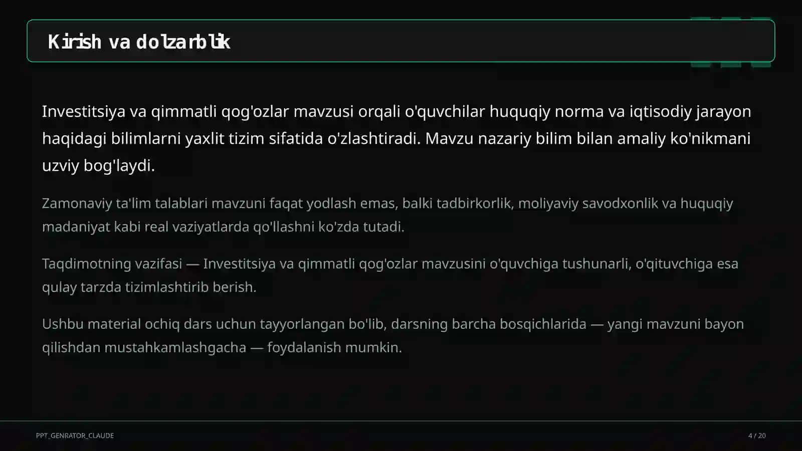 Investitsiya va qimmatli qog'ozlar (11-sinf) 4