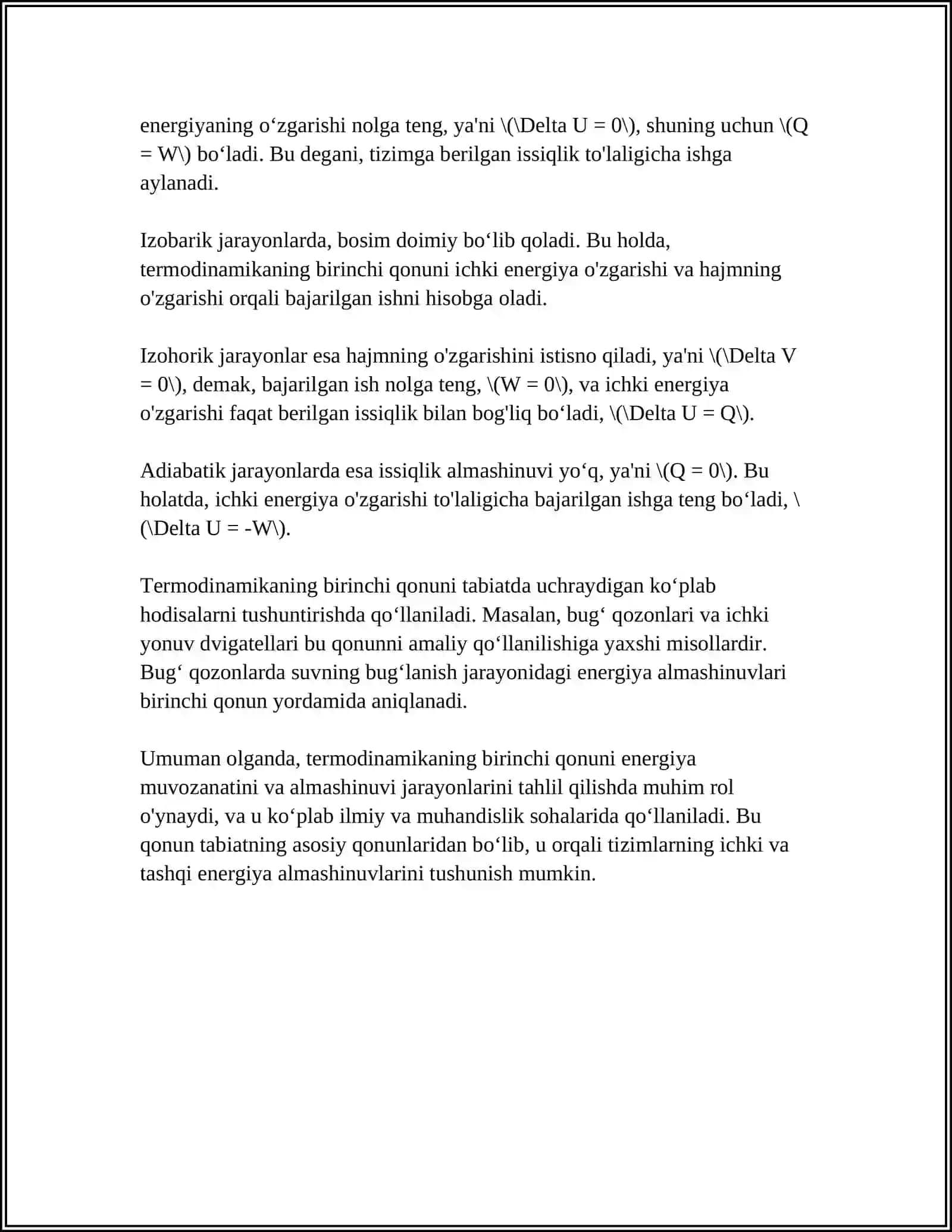 MUSTAQIL ISH Mavzu: TERMODENAMIKANING BIRINCHI VA IKKINCHI QONUNLARINING MOHIYATINI IZHLASH 4