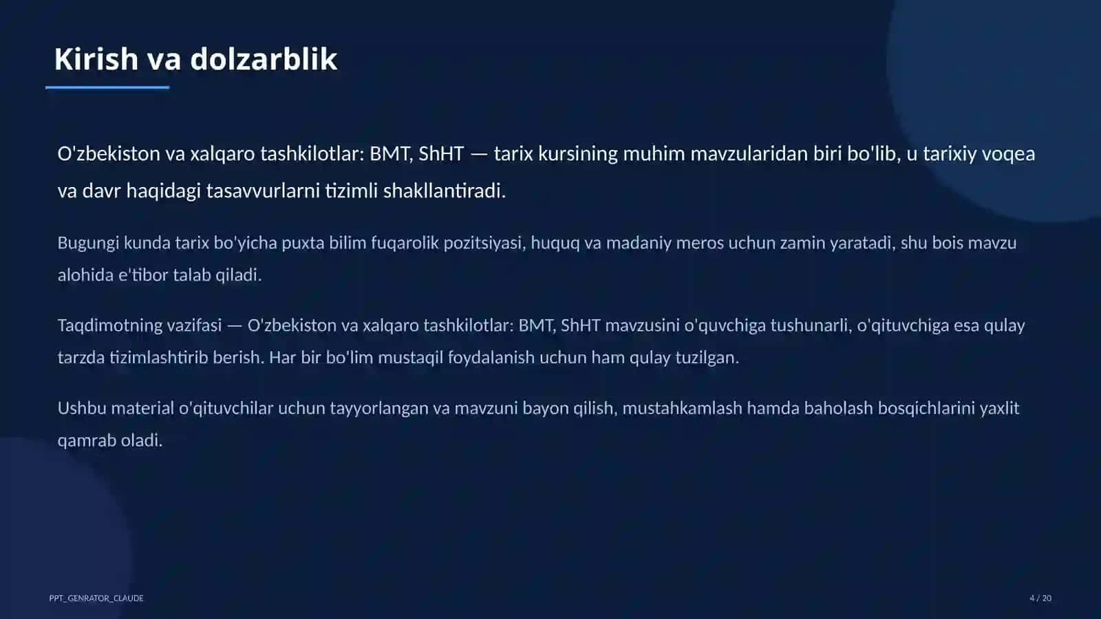O'zbekiston va jahon tarixi (5–11) — o'qituvchilar uchun 4