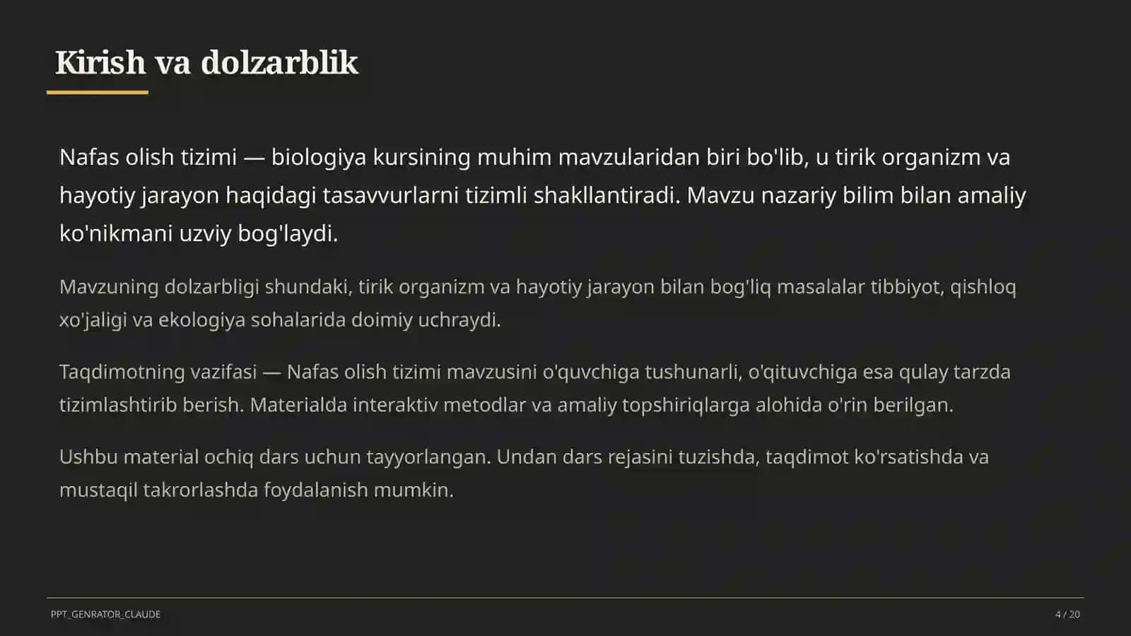 Nafas olish tizimi (8-sinf) Biologiya (5–11) — ochiq dars uchun 4