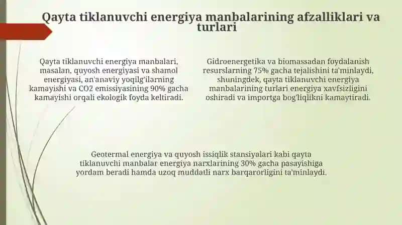Qayta tiklanuvchi energiya manbalarining xalq xo'jaligidagi ahamiyati 4