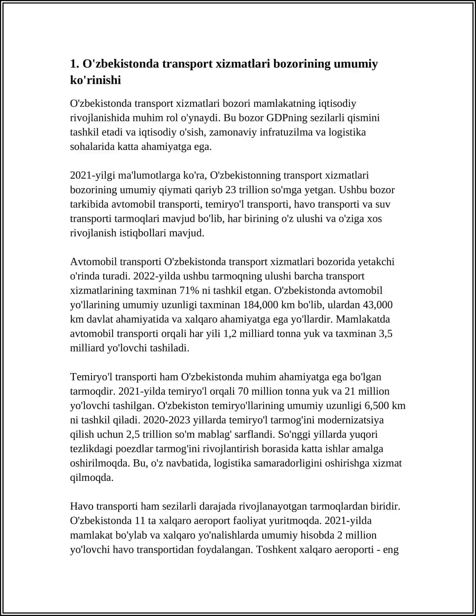 O’ZBЕKISTОN RЕSPUBLIKАSIDА TRАNSPОRT ХIZMАTLАRI BОZОRINING ХОZIRGI ХОLАTI VА UNING IQTISОDIY TАХLILI 4