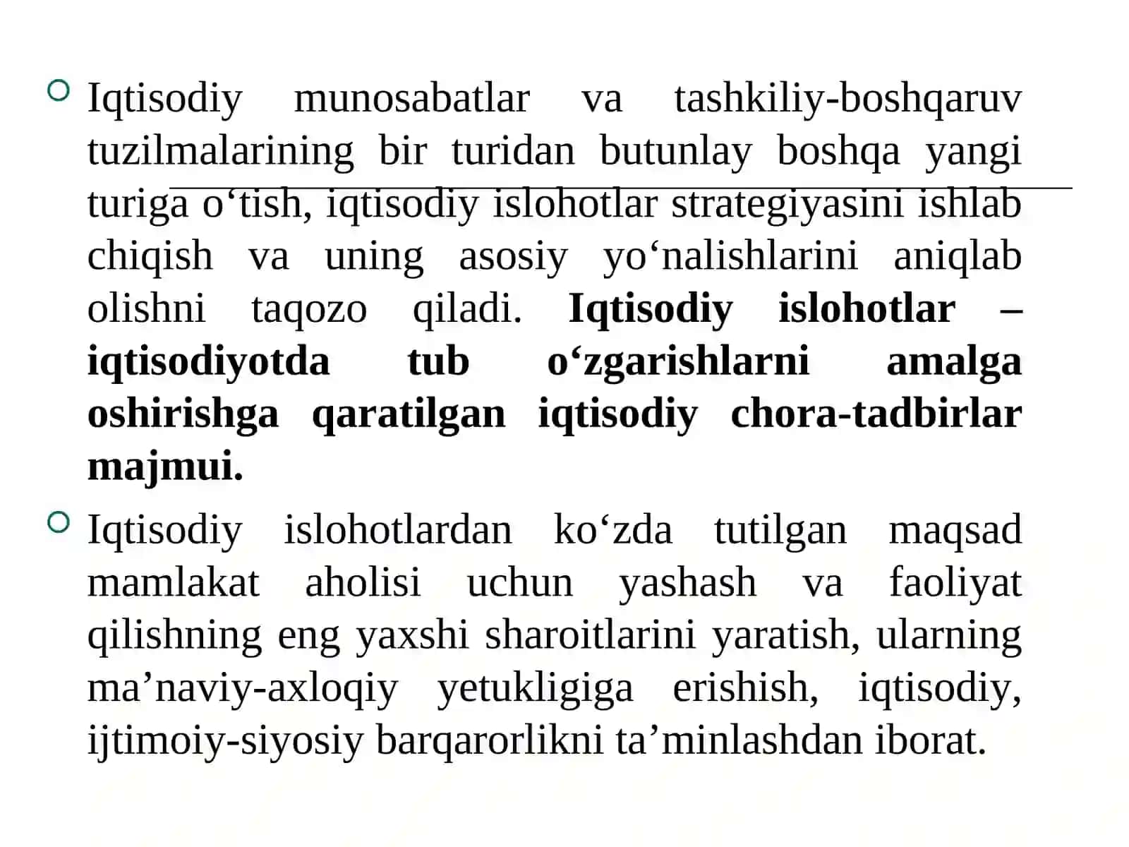 Iqtisodiy islohotlar, xususiy mulkchilikning shakllanishi. o‘zbekistonda bozor munosabatlarining rivojlanishi 4
