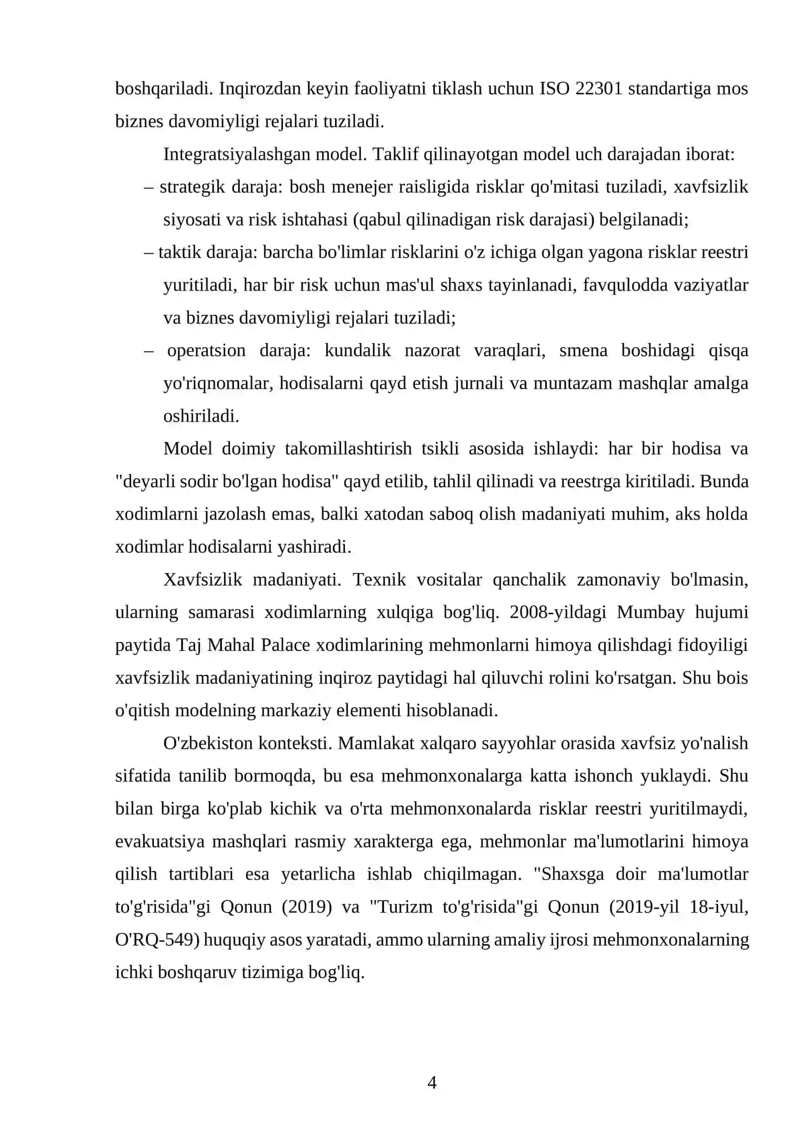 Mehmonxonalarda risklarni boshqarishning integratsiyalashgan modeli: ISO 31000 tamoyillari asosida 4