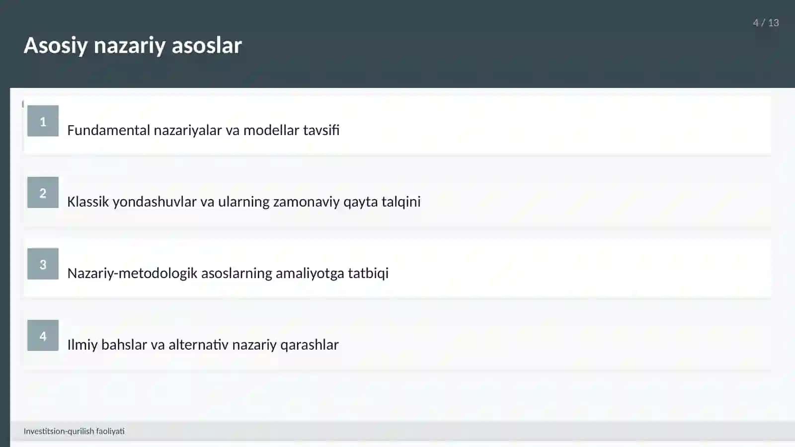 Tajdimot: Investitsion-qurilish faoliyati 4
