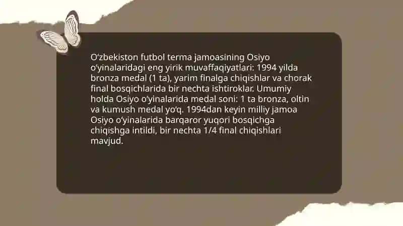 O’zbekiston futbol terma jamoasining Osiyo o’yinlarida tutgan o’rni 4