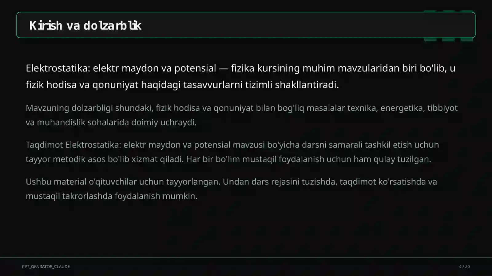 Elektrostatika: elektr maydon va potensial (10-sinf) 4