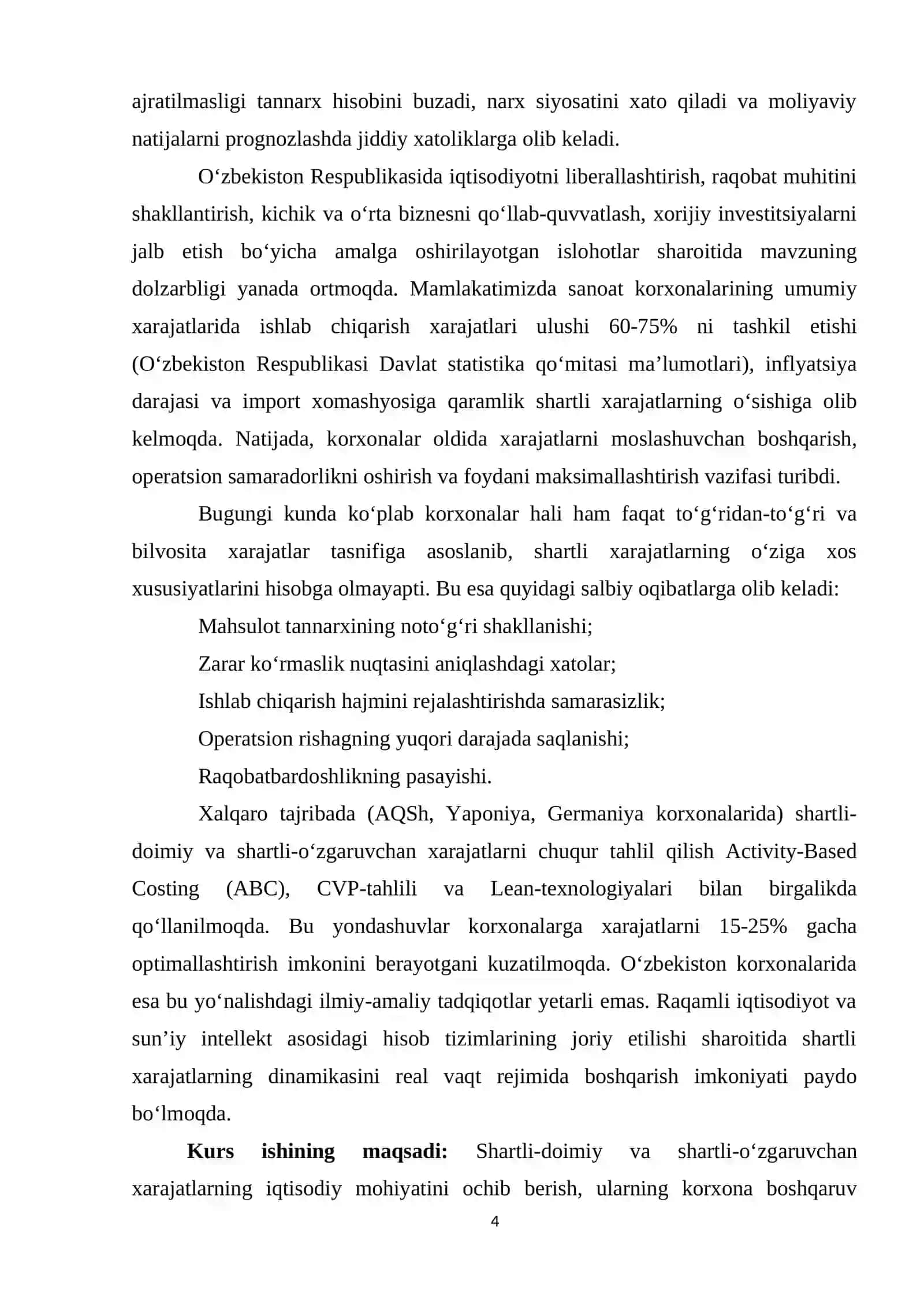 Shartli-doimiy va shartli-o‘zgaruvchan xarajatlarning boshqaruvdagi o‘rni 4