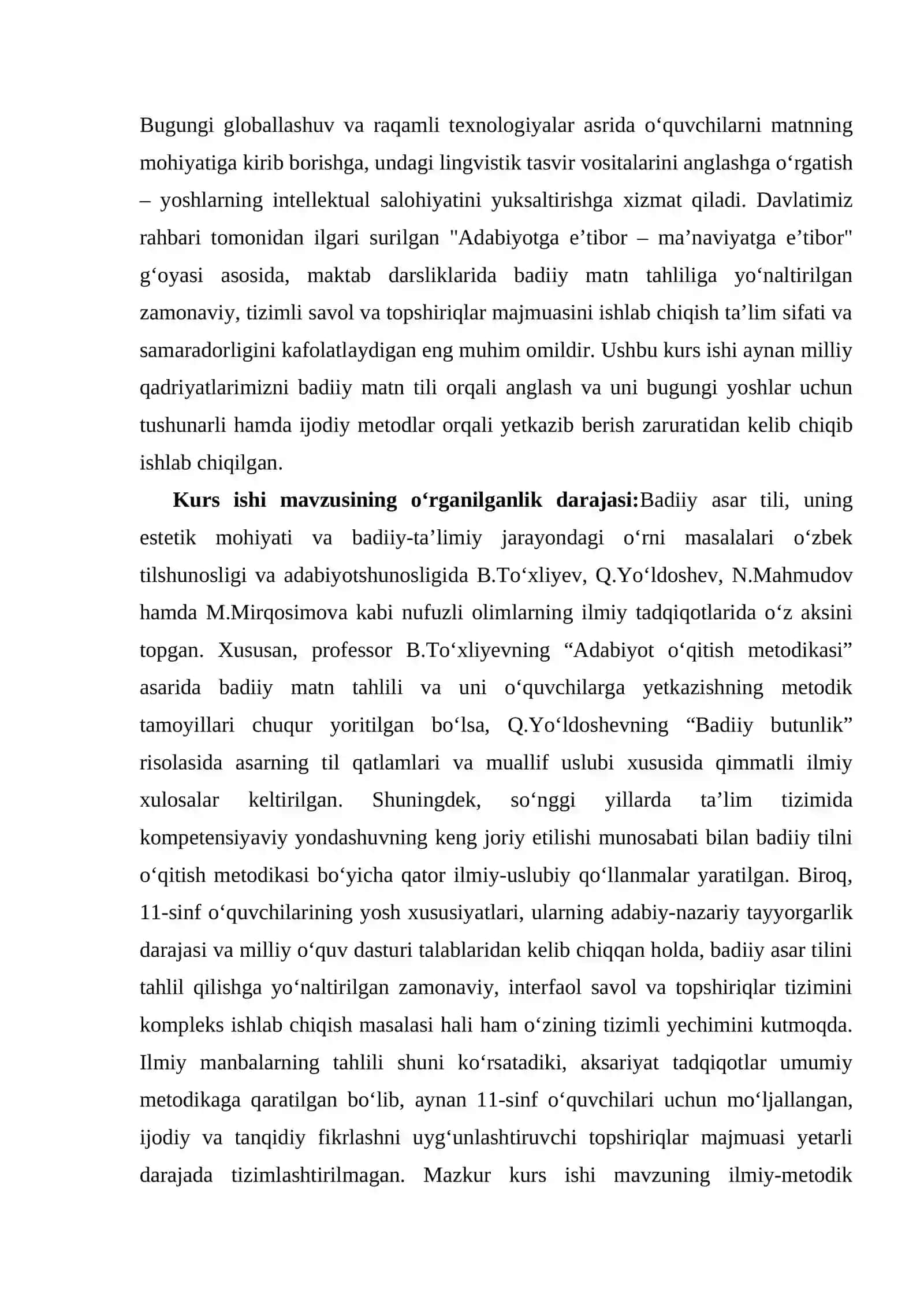 11-sinfda badiiy asarning til xususiyatlarini o‘rganishga qaratilgan savol va topshiriqlar tizimini ishlab chiqish kurs ishi 4