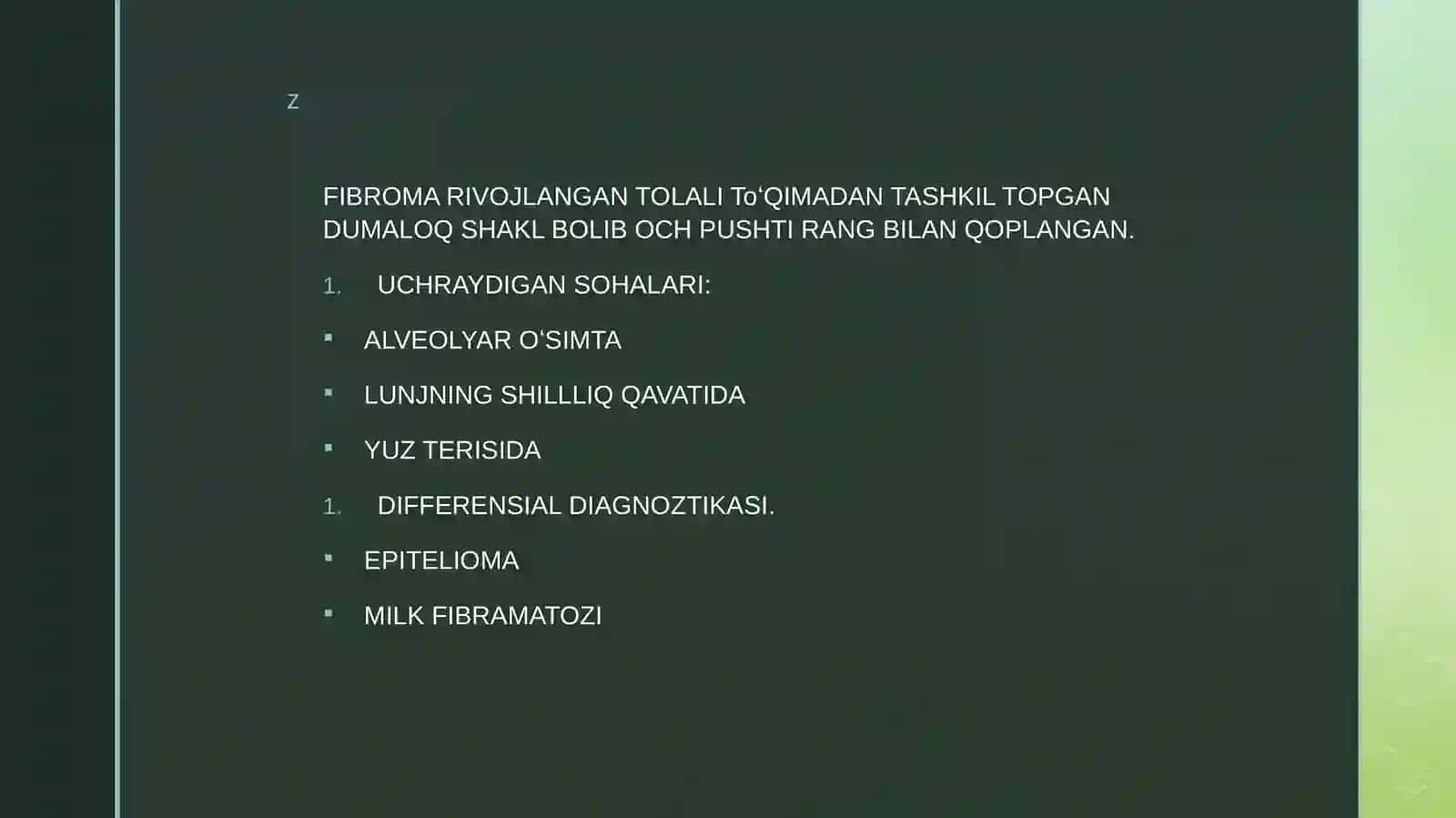Yuz-jag' sohasi yumshoq to'qimalari xavfsiz o'smalari  va o'smasimon hosilalari (fibroma, fibramatoz, epulis, lipoma, gemangioma, limfangioma). 4