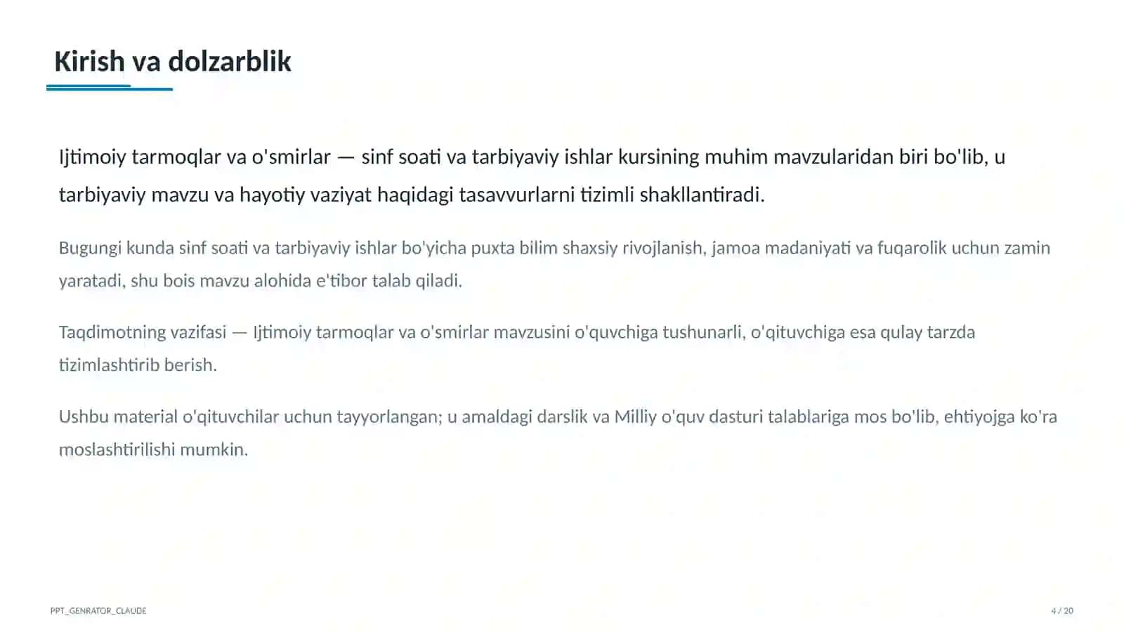 Sinf soati va tarbiyaviy tadbirlar (1–11) — o'qituvchilar uchun 4