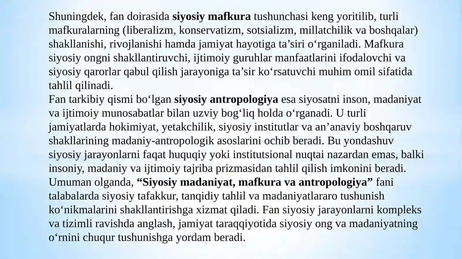 “Siyosiymadaniyat,mafkuravaantropologiya”faniningpredmeti,maqsadvavazifalari 4