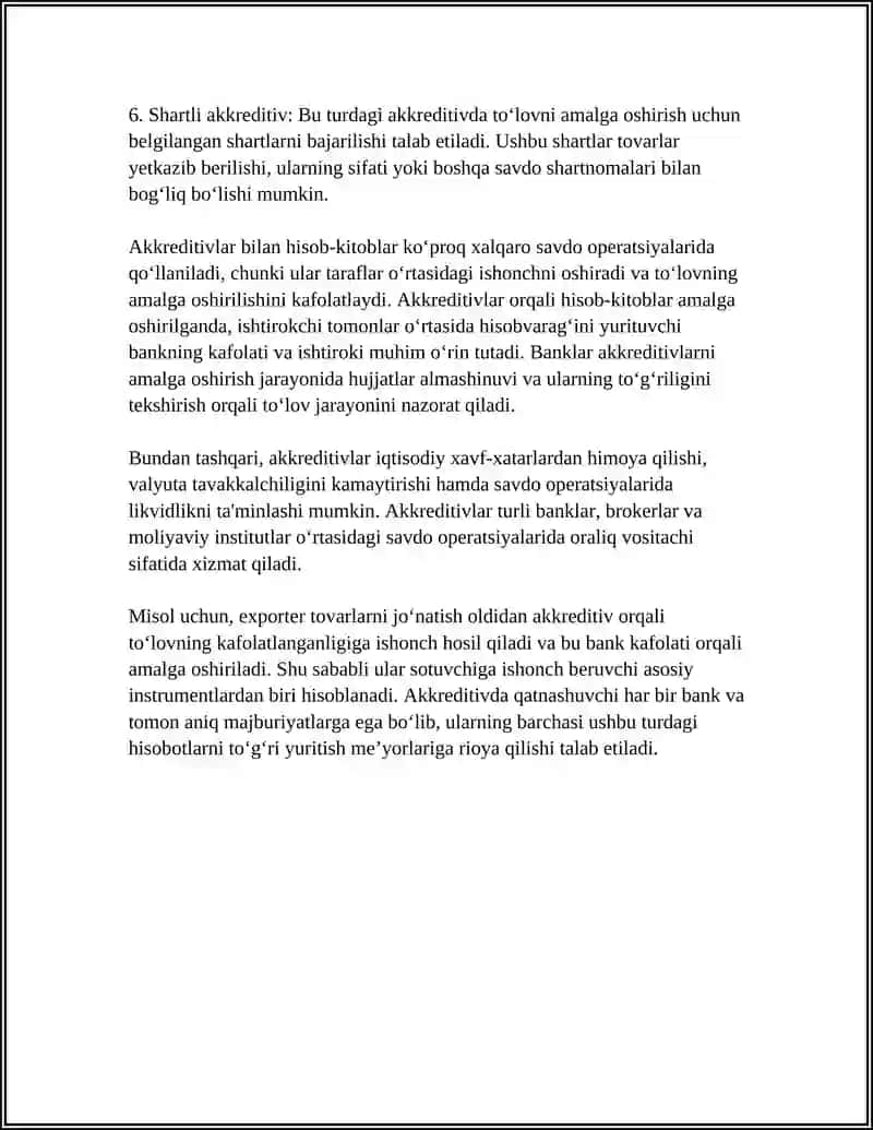 AKKREDITIVLAR BILAN HISOB-KITOBLAR, ULARNI RASMIYLASHTIRILISHI VA HISOBINI YURITISH 4
