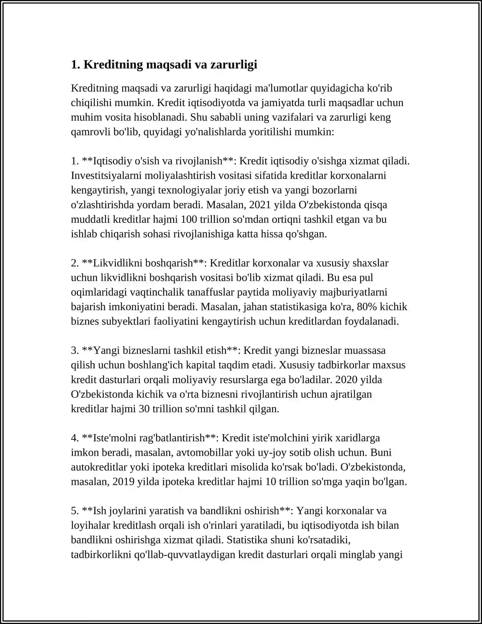 KREDITNING ZARURLIGI, FUNKSIYALARI, SHAKLLARI VA TURLARI 4
