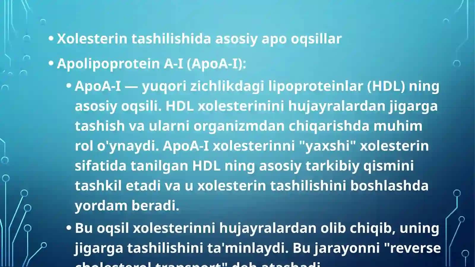 xolesterin tashilishida qatnashuvchi apo oqsillar.yog’bosishva semirish.sfingolipidlar 4