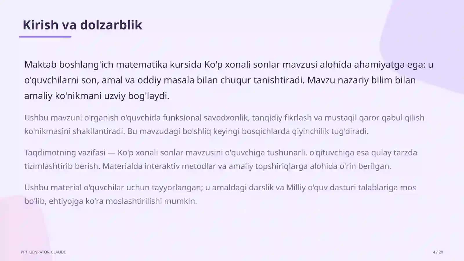 Ko'p xonali sonlar (4-sinf) Boshlang'ich sinf: Matematika (1– 4) — o'quvchilar uchun 4