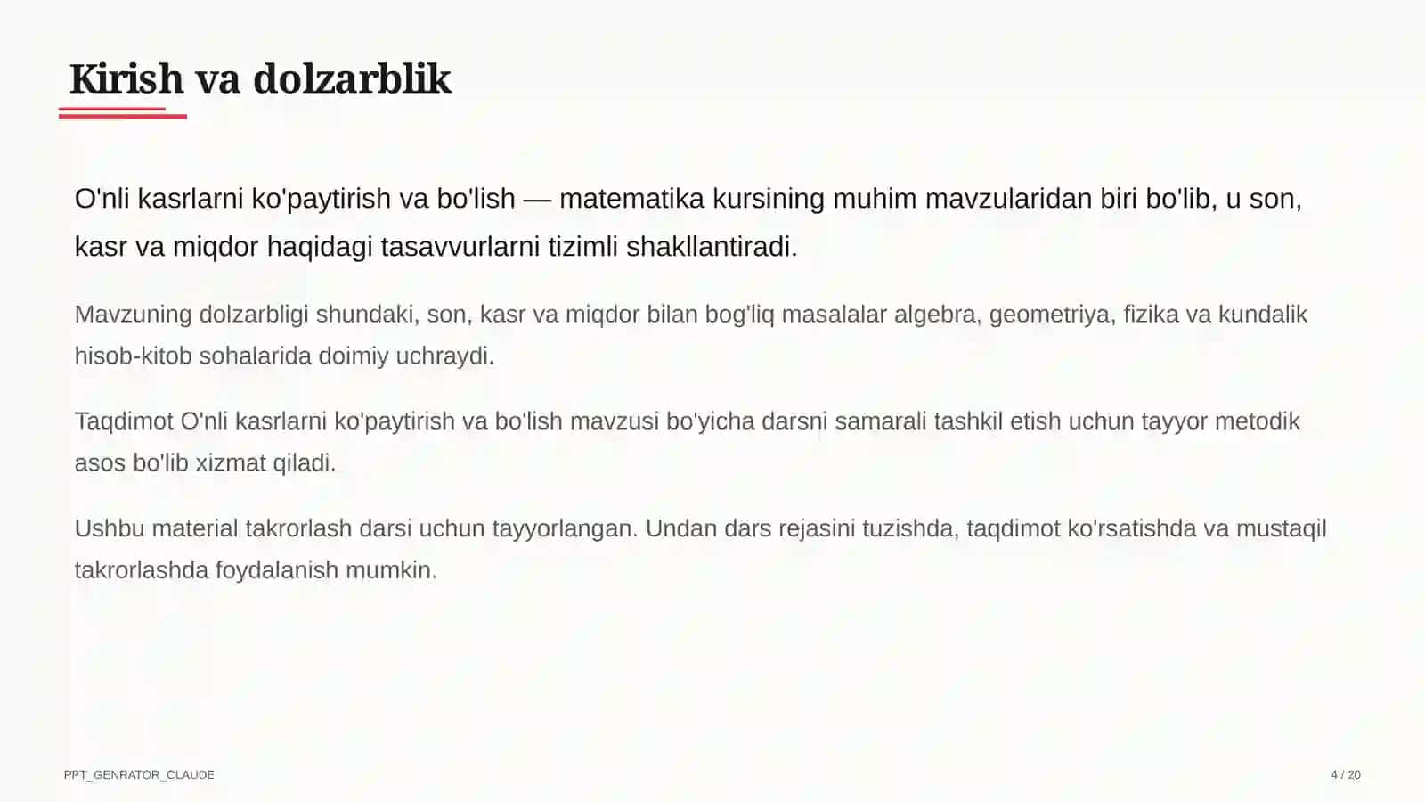 O'nli kasrlarni ko'paytirish va bo'lish (5-sinf) 4