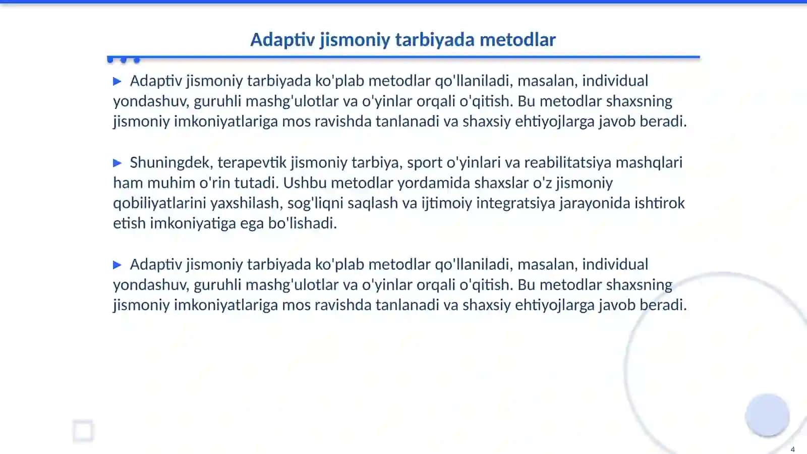 Adaptiv jismoniy tarbiyaning asosiy tarkibiy qismlari turlari 4