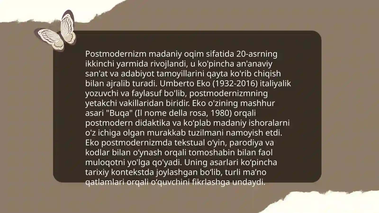 Postmodernizm adabiyoti. U.Eko ijodi 4
