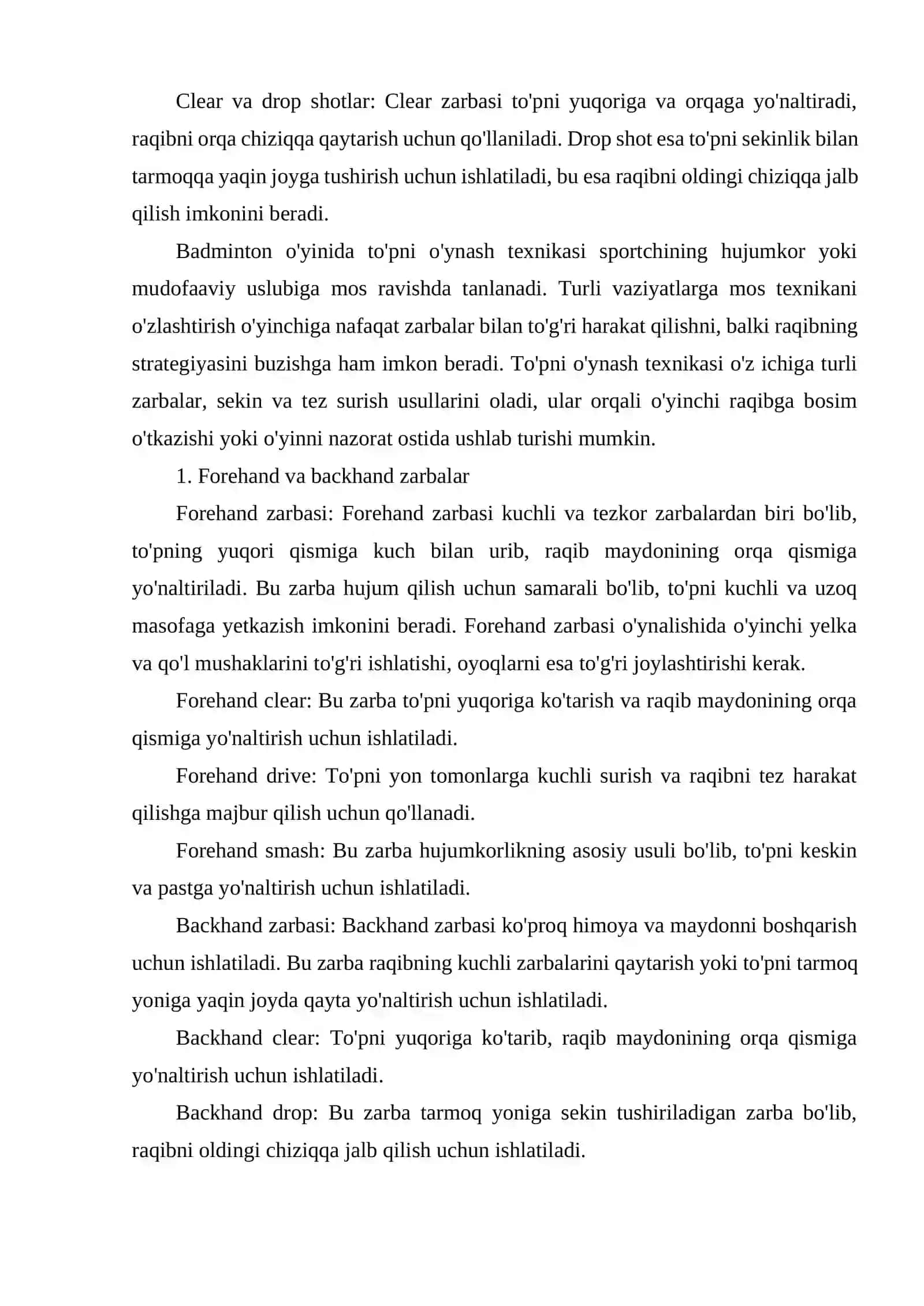 BADMINTON O'YINI TEXNIKASI VA TAKTIKASINING TASNIFI 4