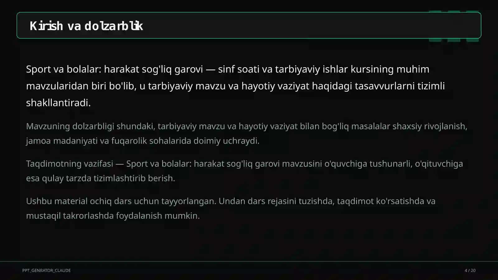 Sinf soati va tarbiyaviy tadbirlar (1–11) — ochiq dars uchun 4