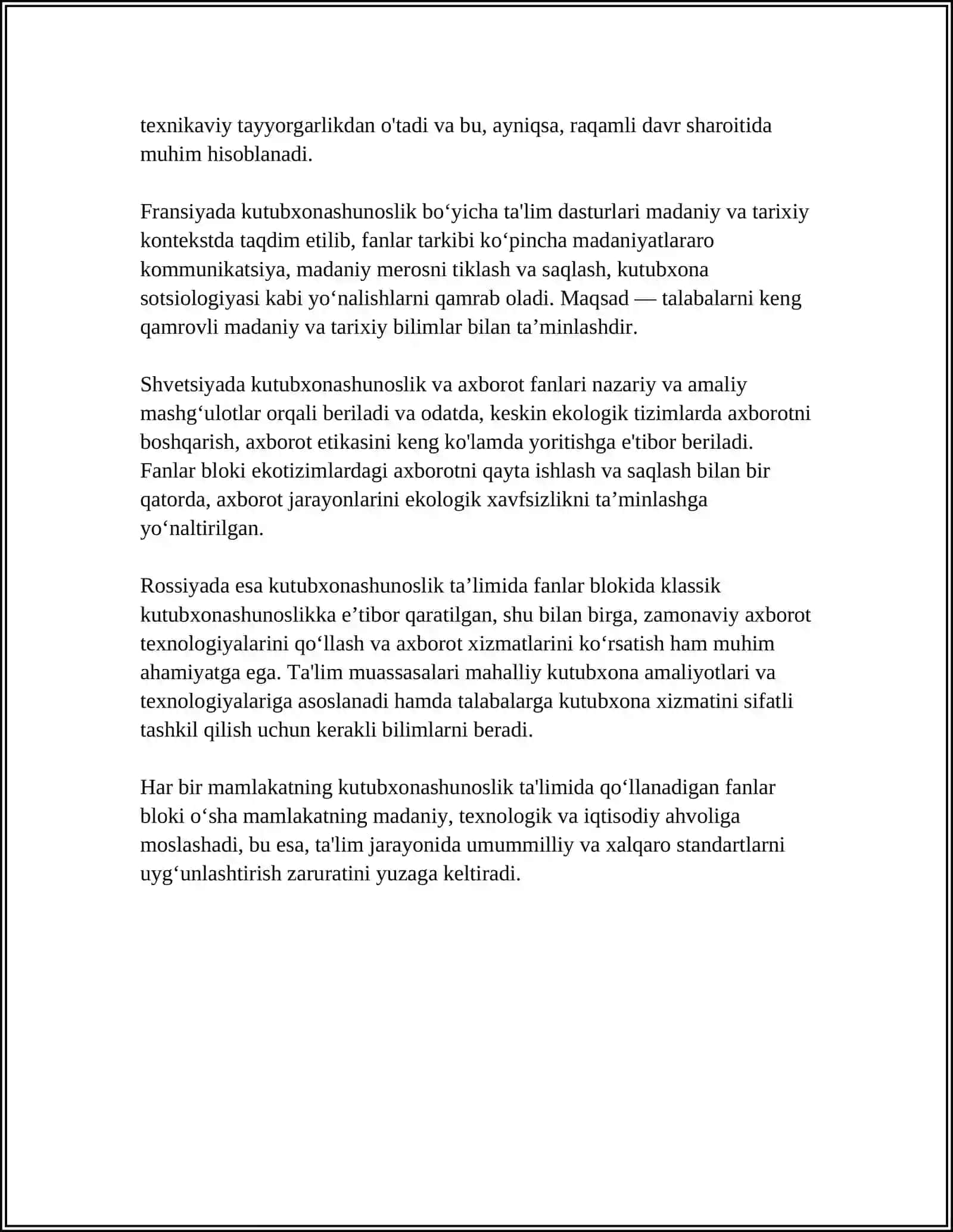 XORIJDA KUTUBXONASHUNOSLIK SOHASINI O'QITISHDA FANLAR BLOKI TAHLILI 4