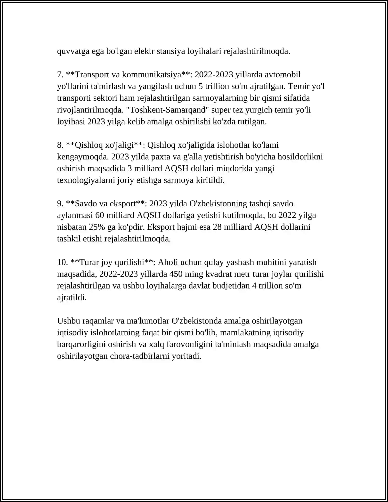 YANGI OʻZBEKISTONDA PREZIDENT SHAVKAT MIROMONOVICH MIRZIYOYEV RAHBARLIGI VA TASHABBUSI OSTIDA AMALGA OSHIRILGAN ISLOHOTLAR 4
