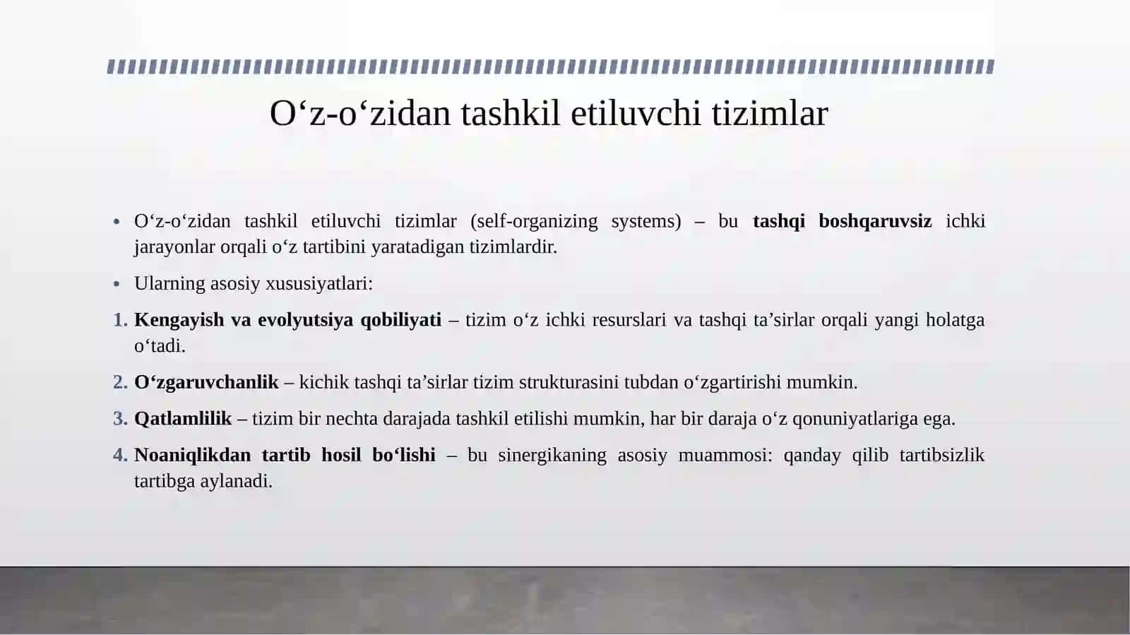 Ilmiy tadqiqotda- sinergitika muammosi.“Sinergetika” tushunchasi o‘z- o‘zidan tashkillanuvchi sistemalar haqidagi fan.”sinergitika” tushunchasi. 4