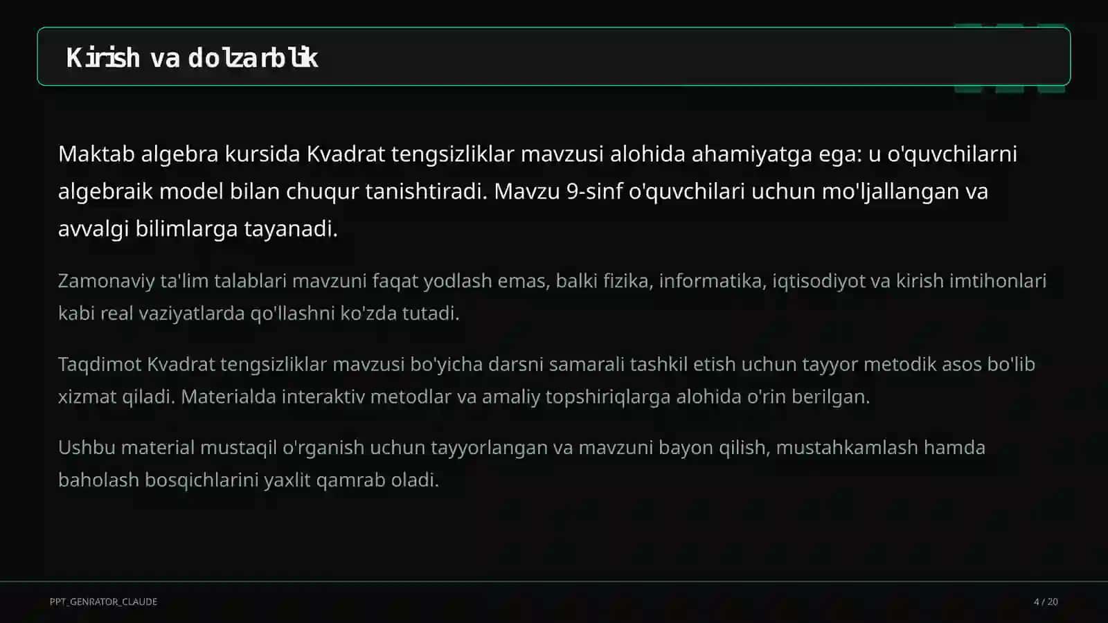 Kvadrat tengsizliklar (9-sinf) 4
