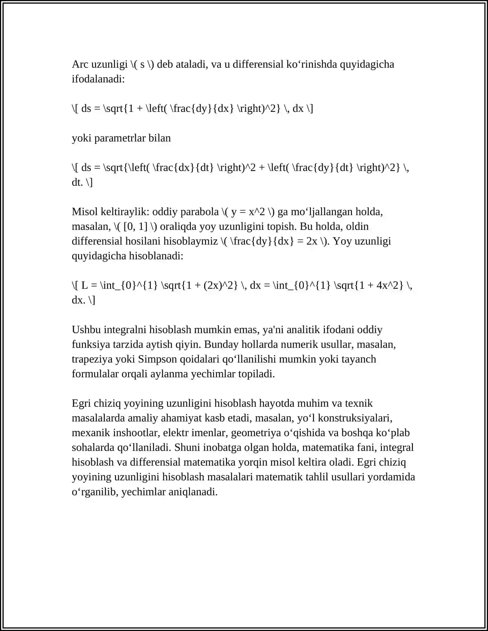 ANIQ INTEGRAL YORDAMIDA EGRI CHIZIQ YOYI UZUNLIGINI,AYLANMA JISM HAJMINI,KUCH BAJARGAN ISHNI HISOBLASH VA QIZIQARLI FAKTLAR 4