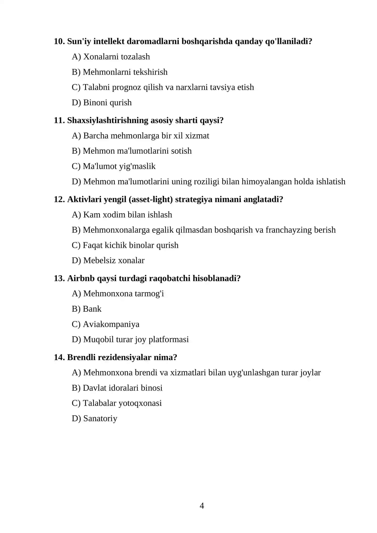 Xalqaro mehmonxona menejmenti test topshiriqlari 4