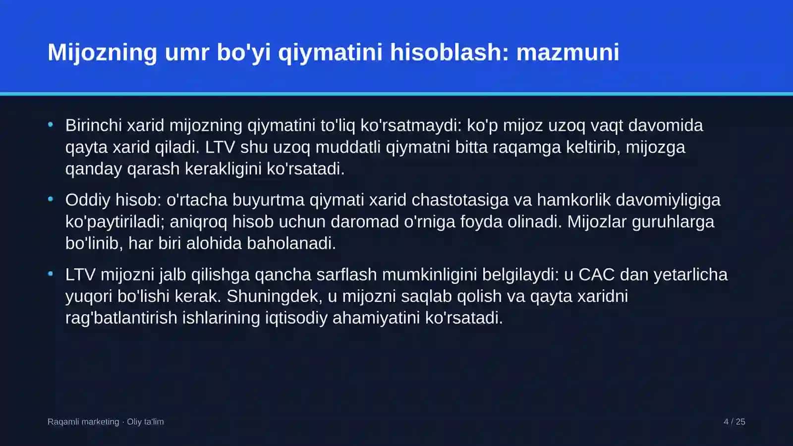 dorixonalarda mijozning umr bo'yi qiymatini hisoblash 3556 4