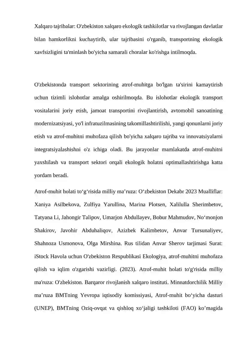 O'zbekistonda Atrof Muhit Ifloslanishida Transport Sohasi Ulushini Kamaytirishda Amalga Oshirilayotgan Ishlohatlar 4