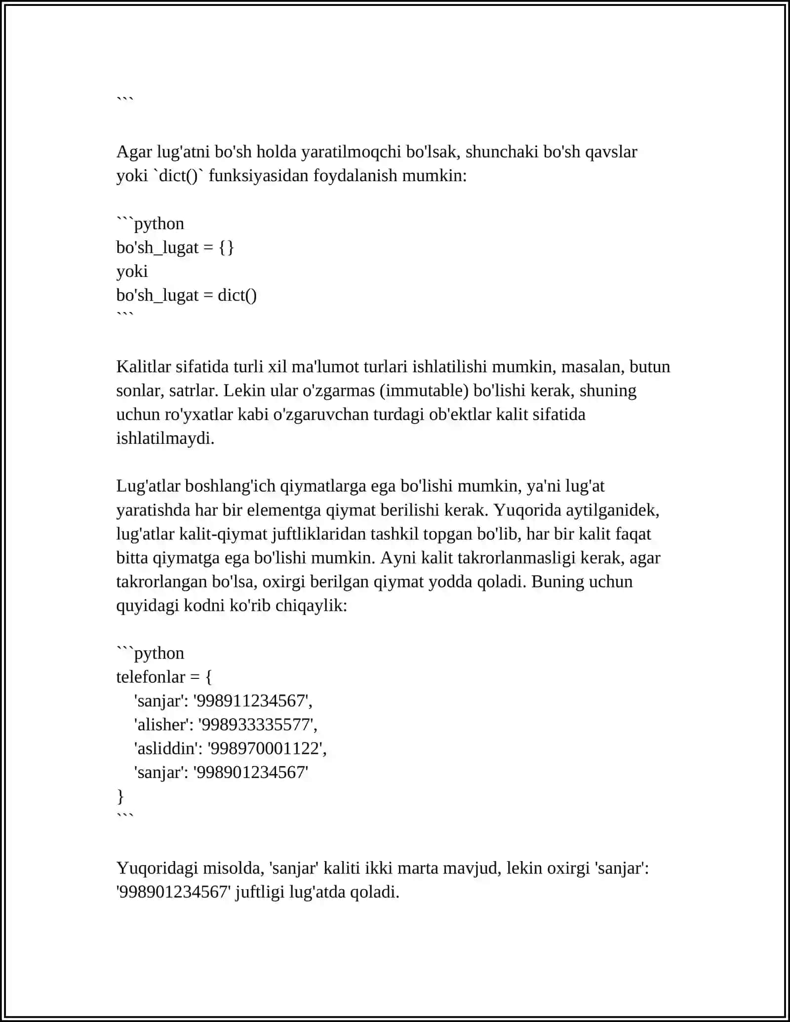 PYTHON DASTURLASH TILIDA LUG'ATLAR USTIDA AMALLAR 4