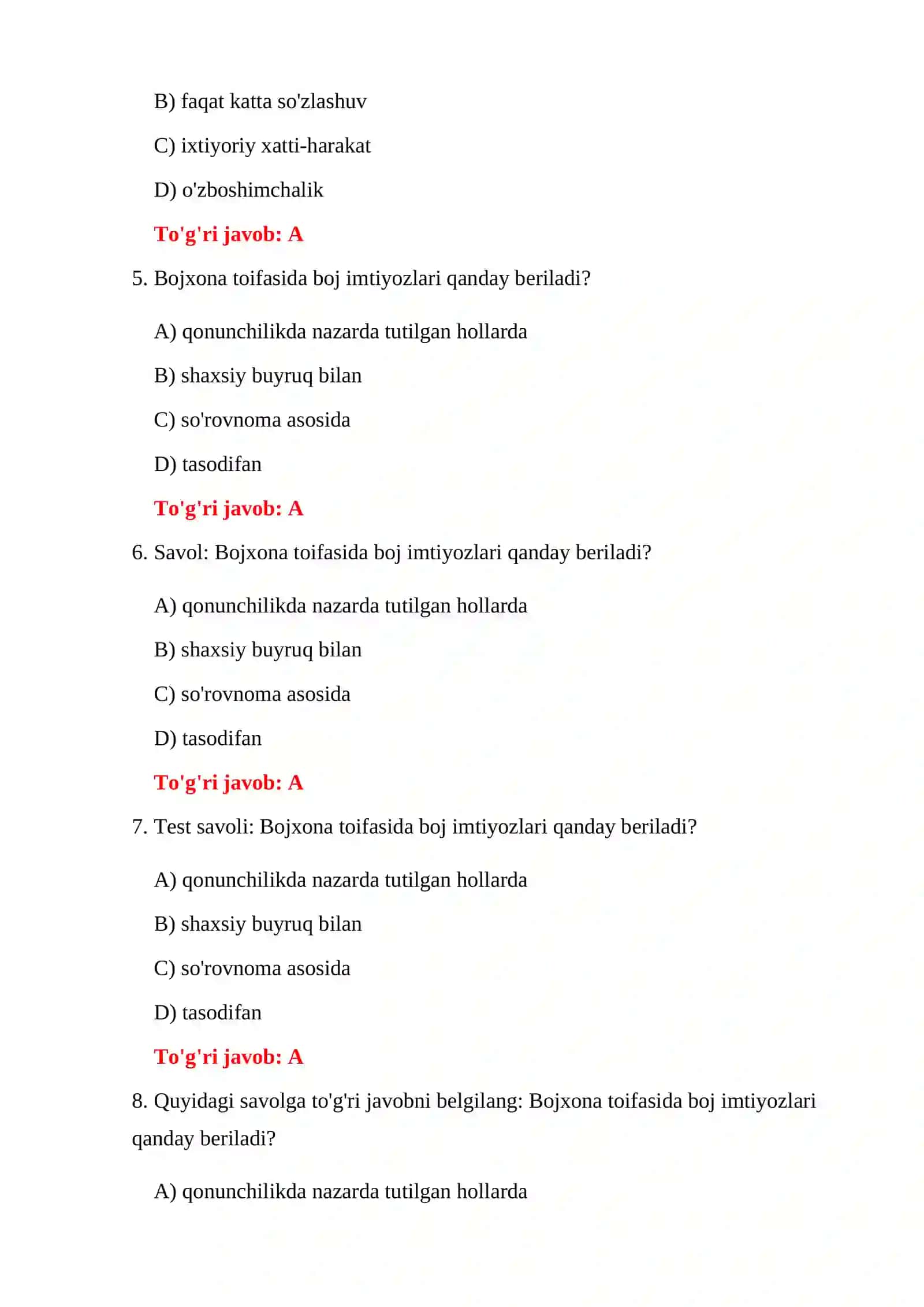 BOJXONA XIZMATI TESTLARI 4
