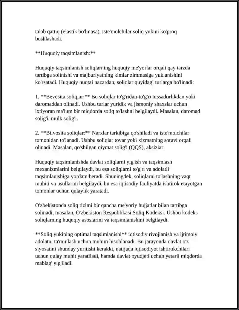 ELASTIKLIK VA SOLIQ YUKINING ISTE’MOLCHI VA ISHLAB CHIQARUVCHI O‘RTASIDA TAQSIMLANISHI 4