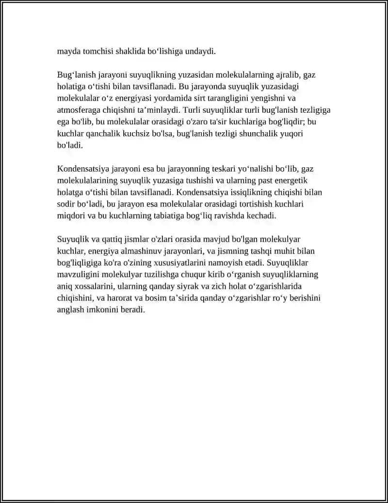 SUYUQLIK VA QATTIQ JISMLAR XOSSALARI. BUG‘LANISH JARAYONI. KONDENSATSIYA 4