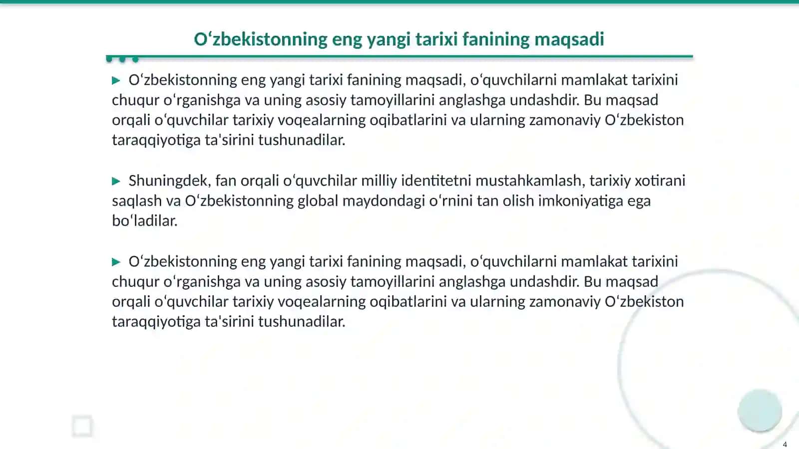 Oʻzbekistonning eng yangi tarixi oʻquv fanining predmeti 4