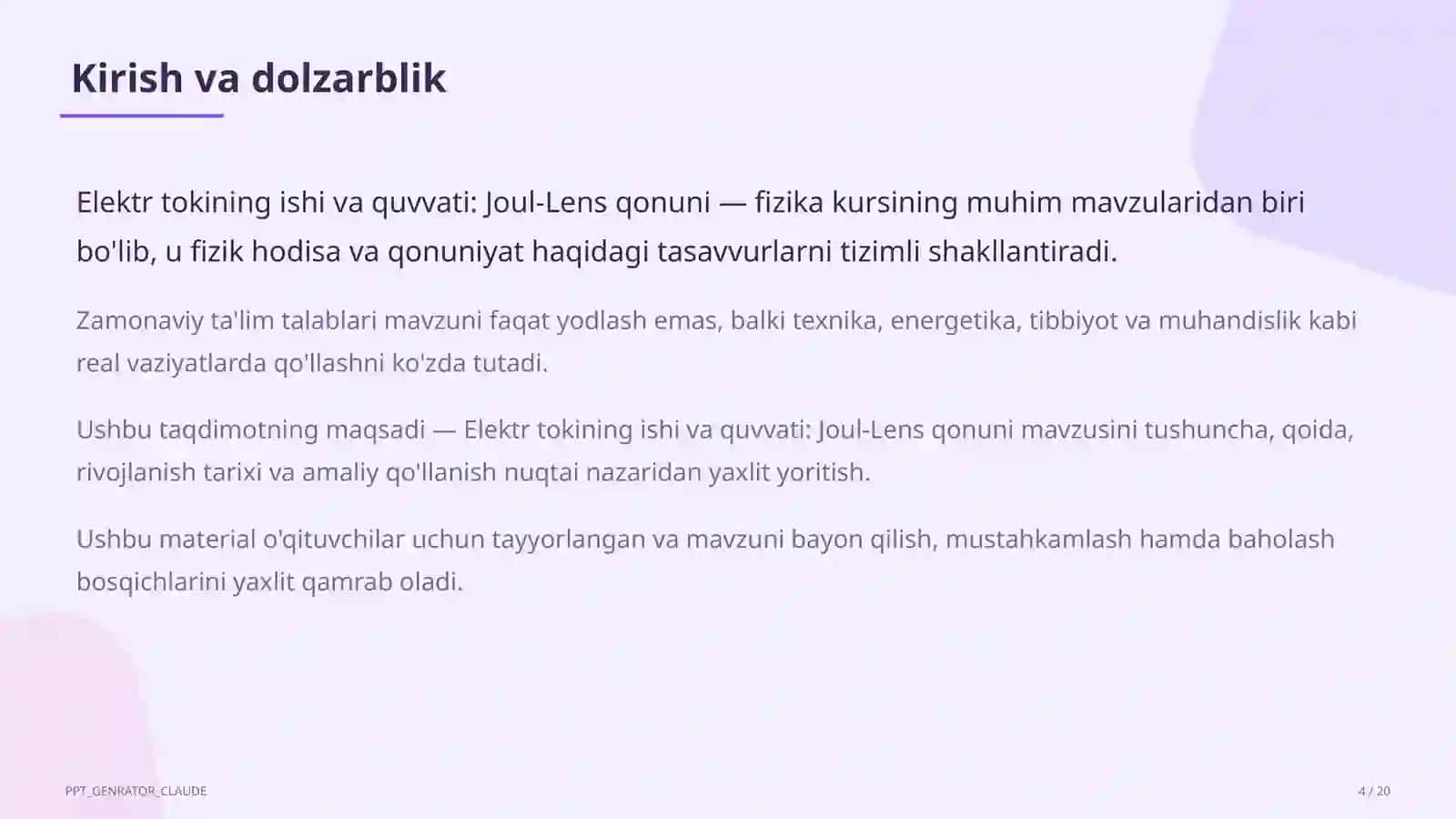 Elektr tokining ishi va quvvati: Joul-Lens qonuni (8-sinf) 4