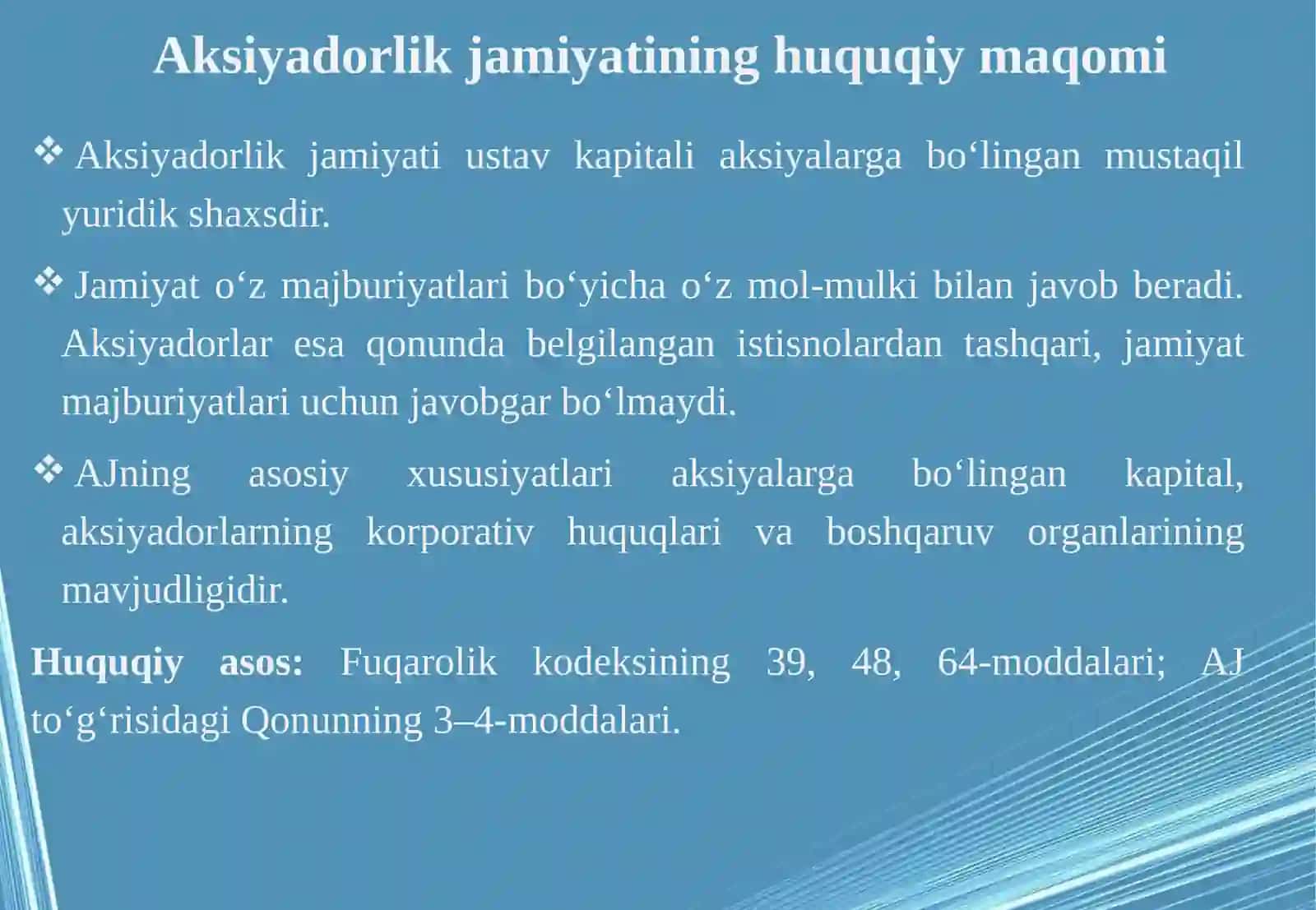 Aksiyadorlik jamiyatini tashkil etish va davlat ro'yxatiga no'kazish: ta'sischi lar, ustav va aksiyalarini joylashtirish masalalari 4