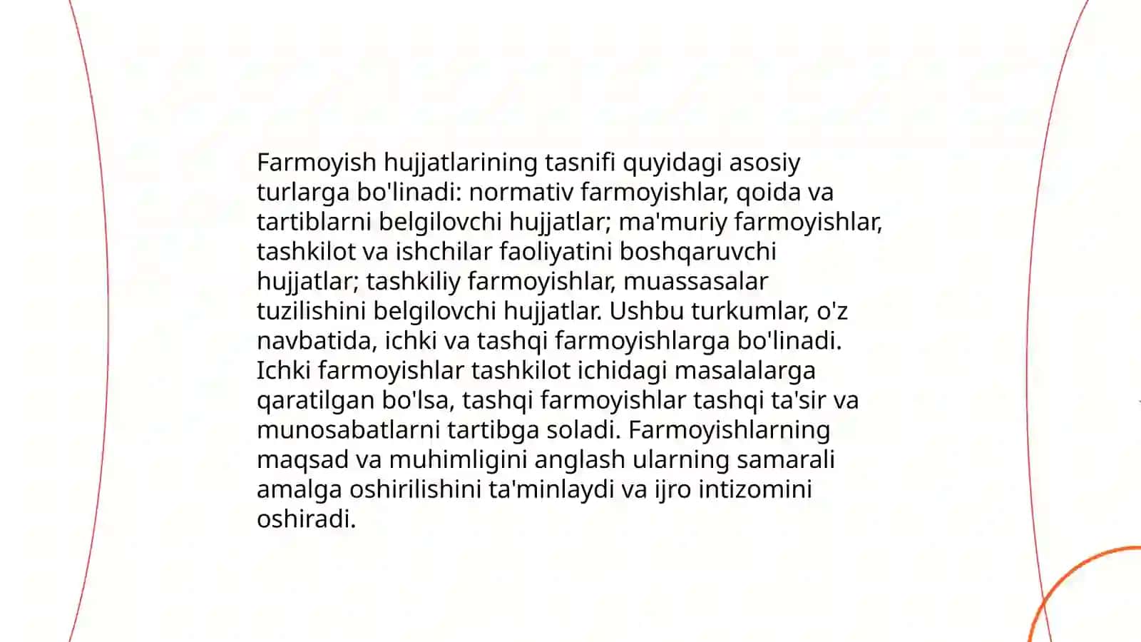 Ma'muriy-boshqaruv faoliyatida xizmat mavqeiga koʻra hujjatlarning Tashkiliy, Farmoyish va Ma'lumot-axborot hujjat turlariga oid taqdimot yaratish 4