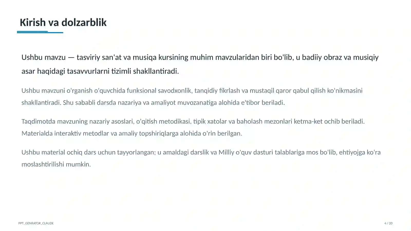 Tasviriy san'at va musiqa (1–7) — ochiq dars uchun 4